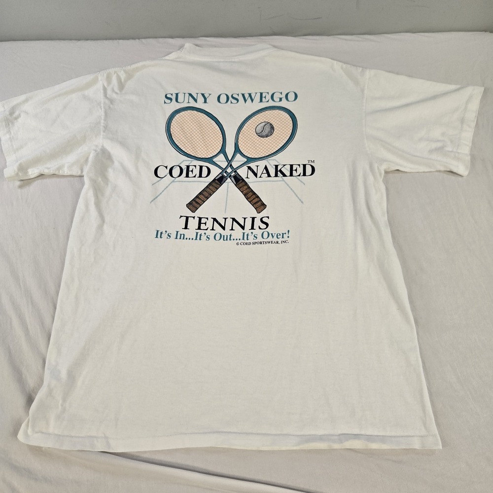 Vintage 90s Coed Naked Sportswear Tshirt Size XL Tennis Parody SUNY Oswego